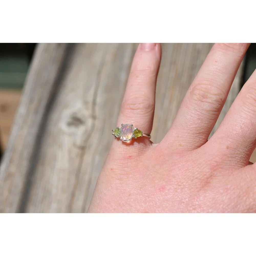 Engagement ring Opal & Peridot Ring in Sterling Silver – Unique Fire Play Engage